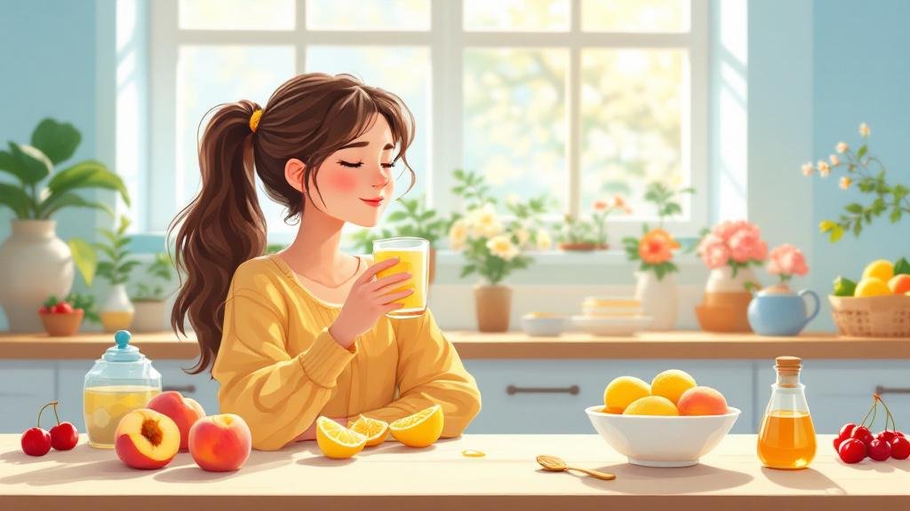 A peaceful kitchen scene in the morning sunlight showing a young adult drinking warm lemon water, fresh fruits and yogurt on the table, natural light, calm atmosphere, cartoon realistic style