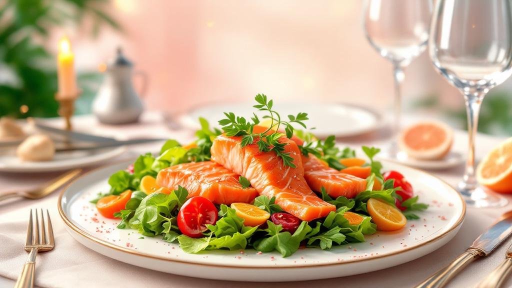 ภาพสลัดแซลมอน แบบไฟน์ไดนิ่ง การ์ตูนเสมือนจริง วางอยู่บนโต๊ะหรูหรา